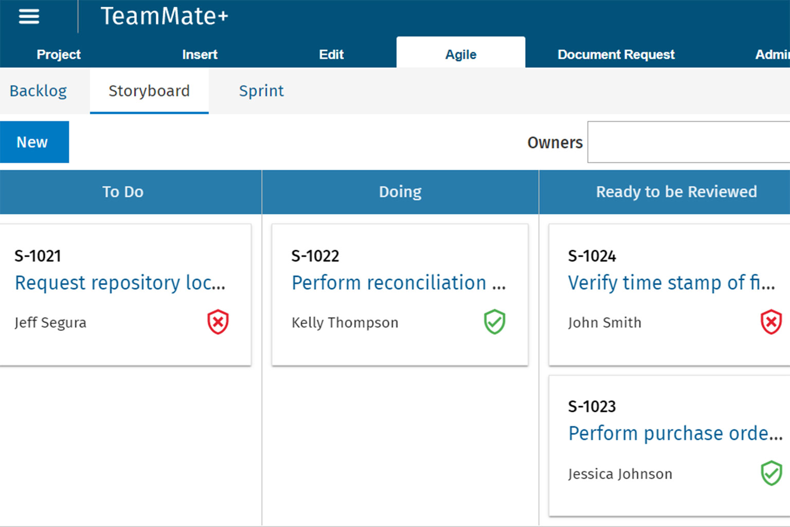 Kanban board for agile auditing within TeamMate+