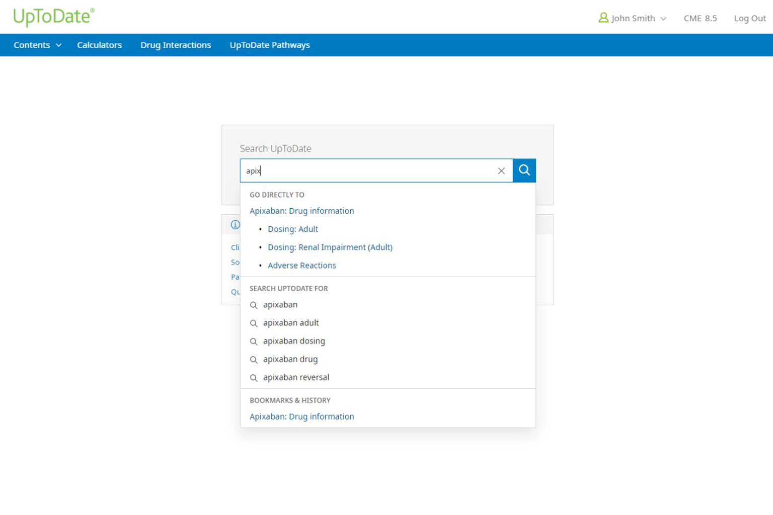 Screenshot of drug search screen on uptodate.com
