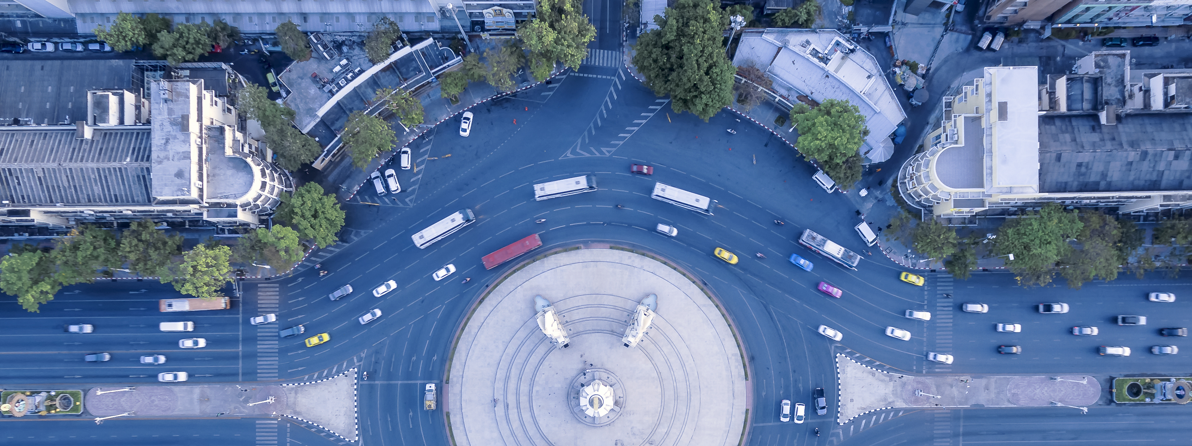 Aerial view street roundabout with car at beautiful at morning, top view , democracy monument, Bangkok, Thailand