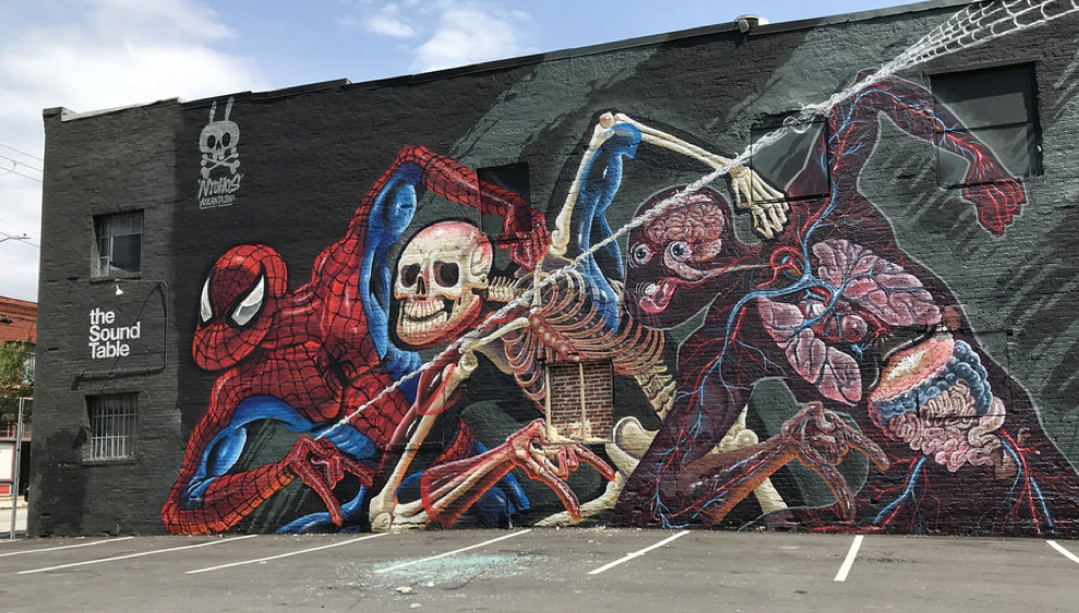 mural depicting Spiderman's anatomy