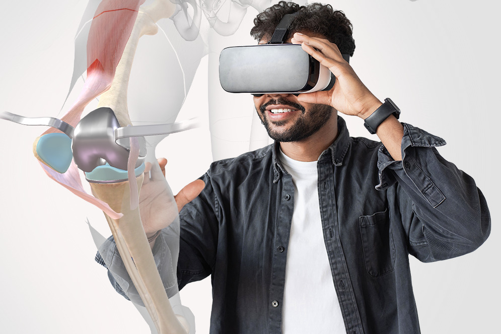 Student watching an interactive 3D VR human anatomy knee replacement using BioDigital XR.