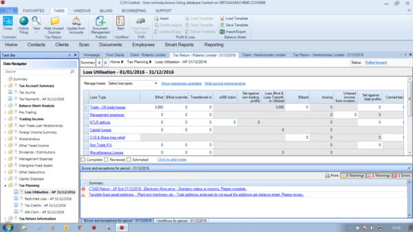 CCH Corporation Tax - Loss Planner Screenshot