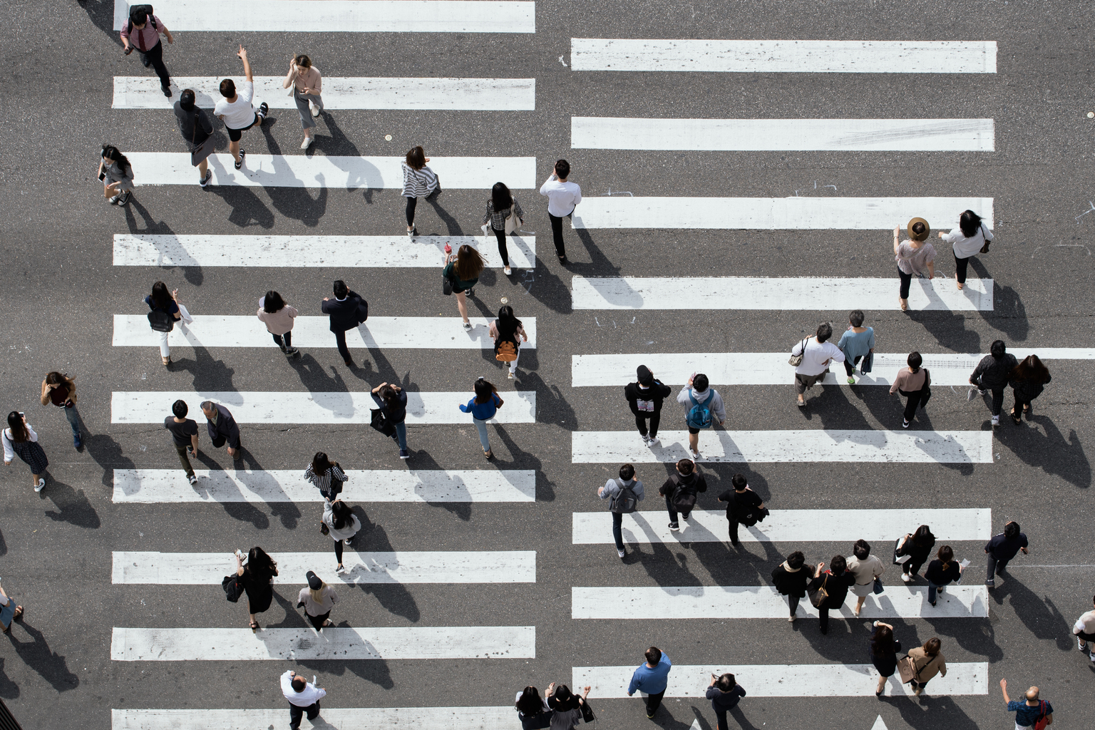 Aerial View of Busy Crosswalk with People, Seoul, Korea,