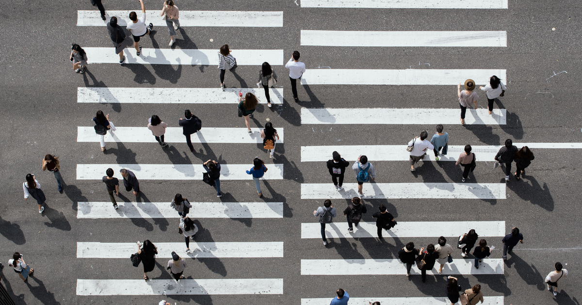 Aerial View of Busy Crosswalk with People, Seoul, Korea,