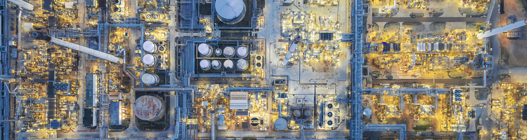 Aerial top view Oil refinery at night, Thailand