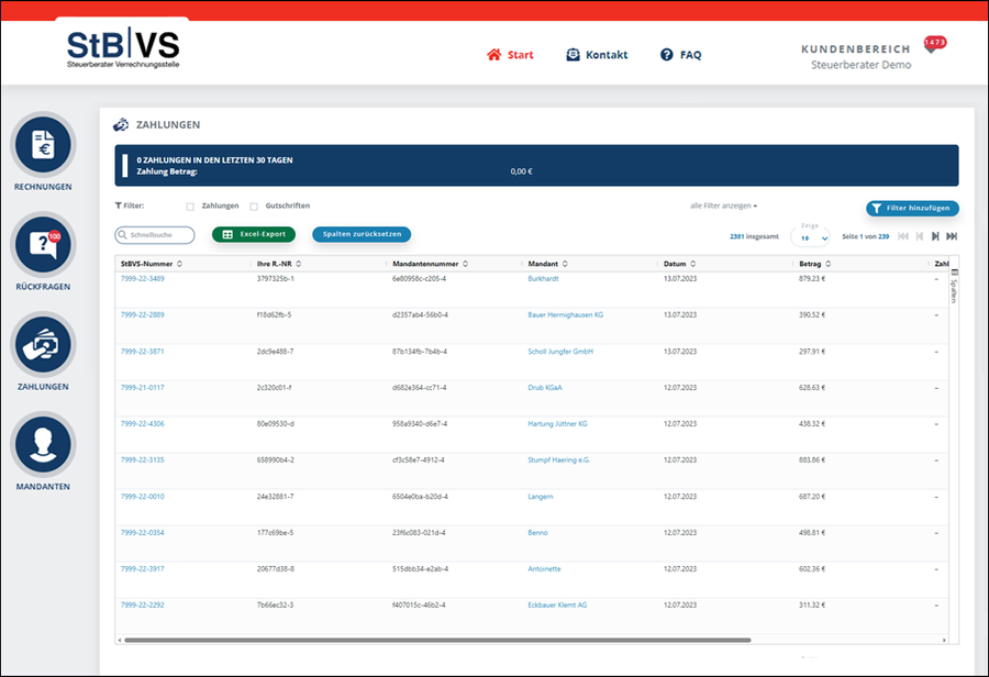 Zahlungsübersicht im Dashboard der STBVS