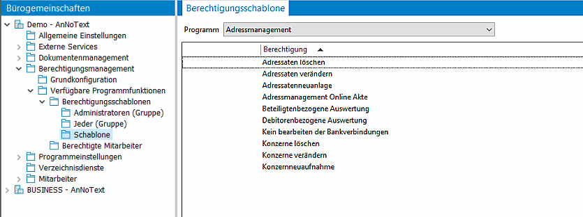 screenshot des Berechtigungsmanagements in der Kanzleisoftware AnNoText