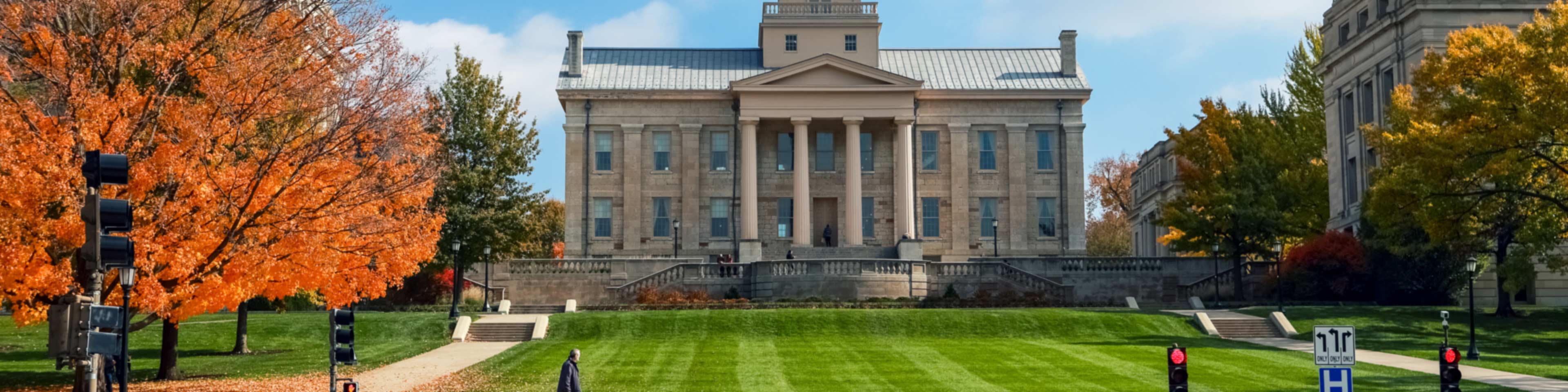 Iowa capital building with the long front lawn view.