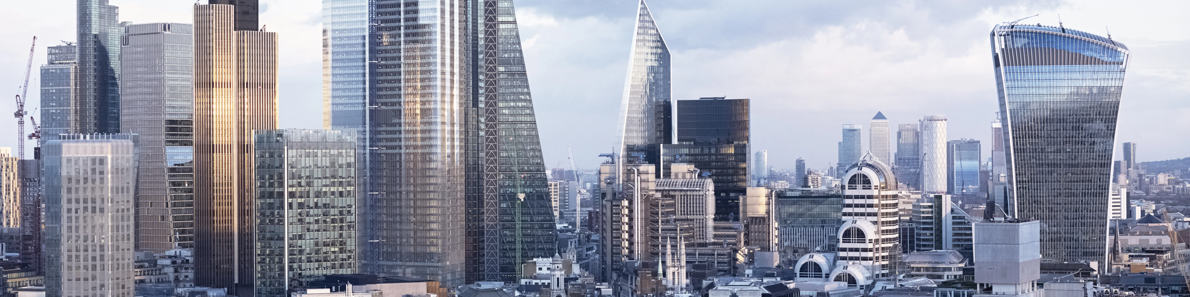 Elevated view over London financial District at sunset,