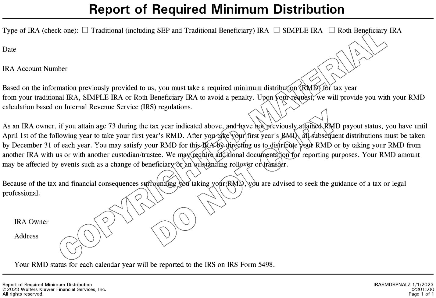 2023 Report of Required Minimum Distribution