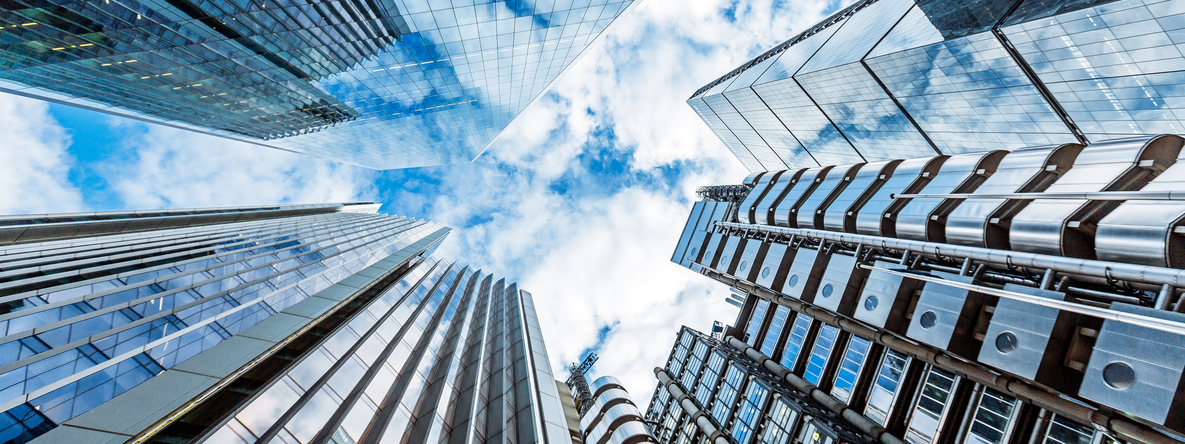 Low angle view of modern futuristic skyscrapers in the City of London, England, UK