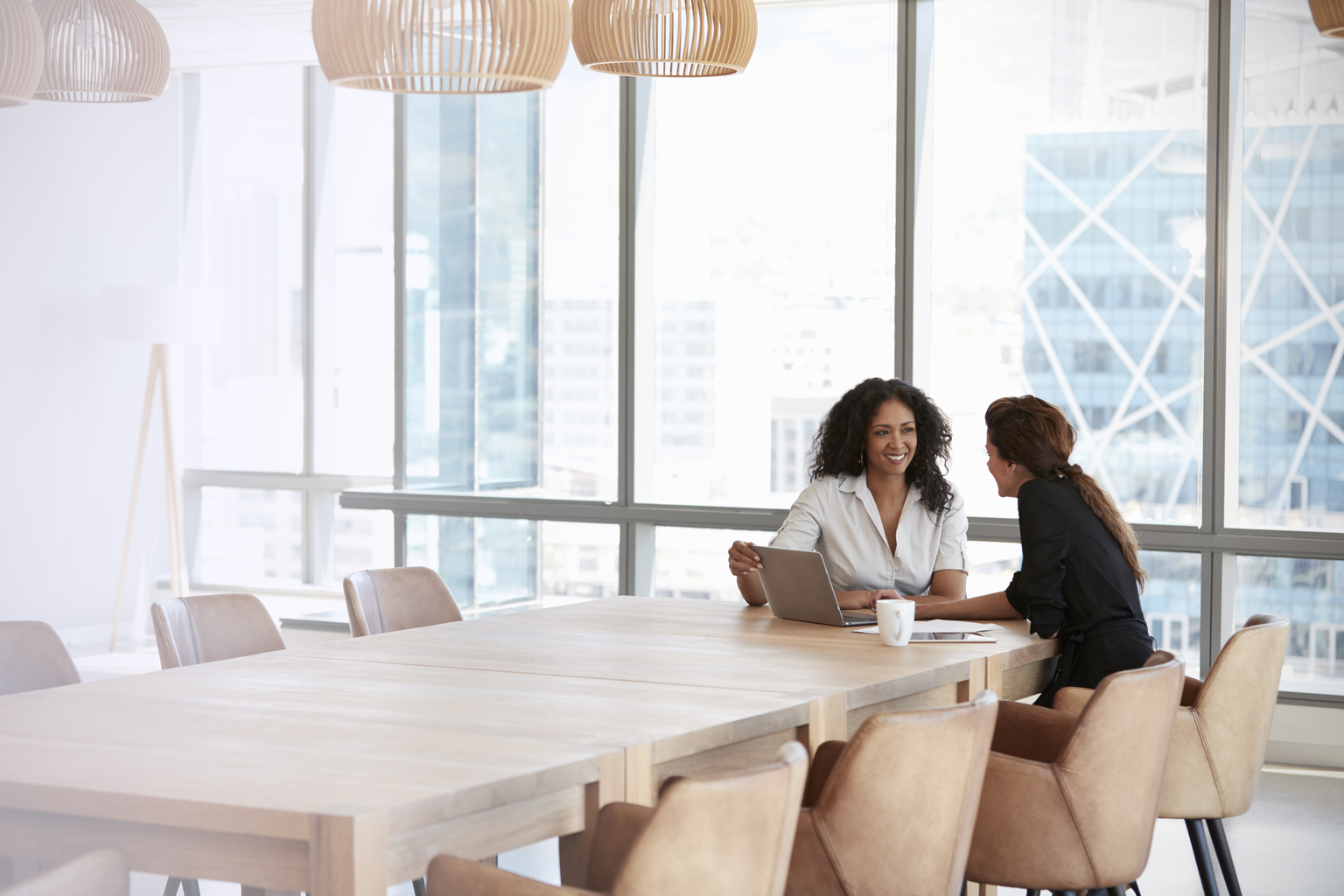 Two Businesswomen Using Laptop In Boardroom Meeting