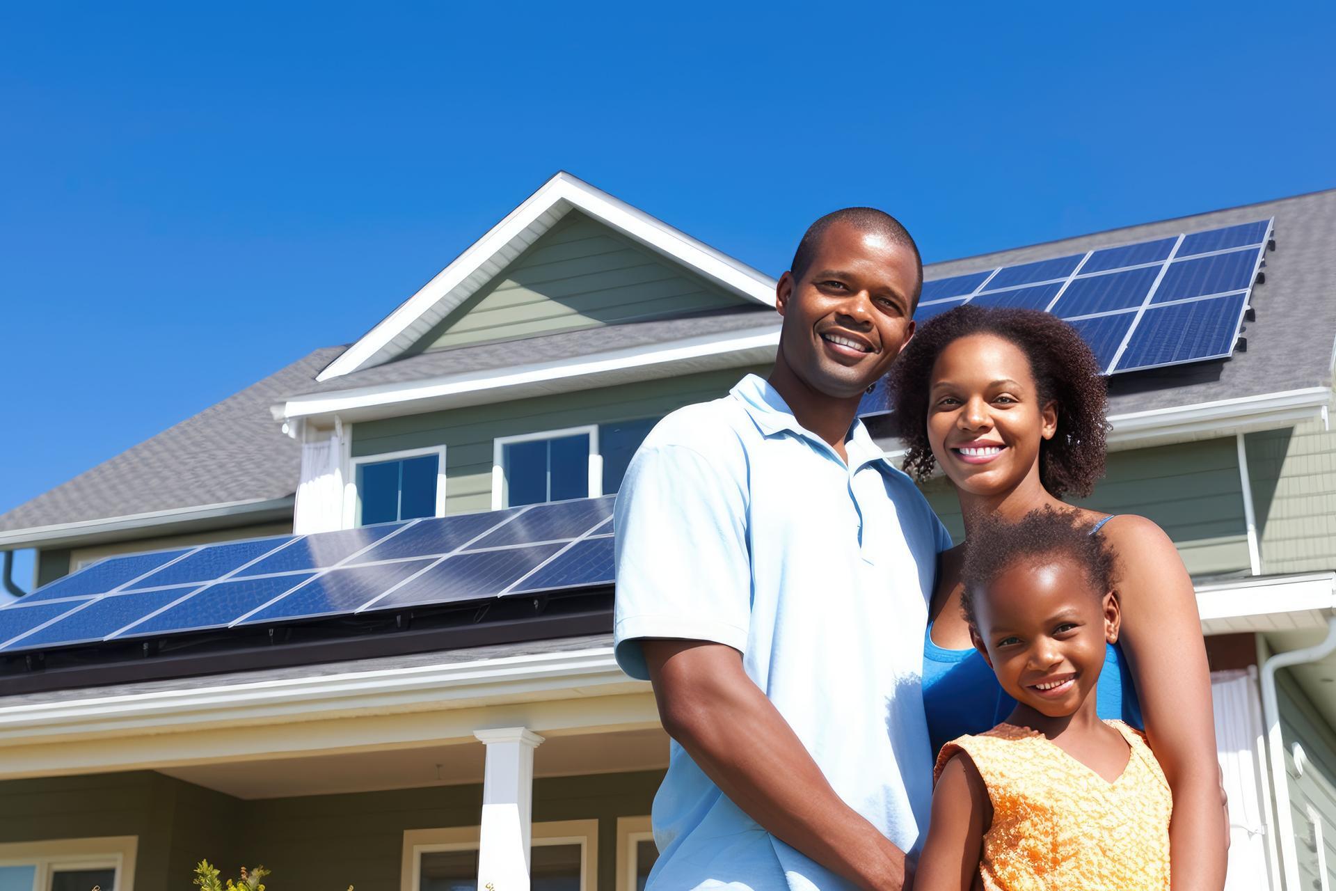 Happy family in front of a house with installed solar panels