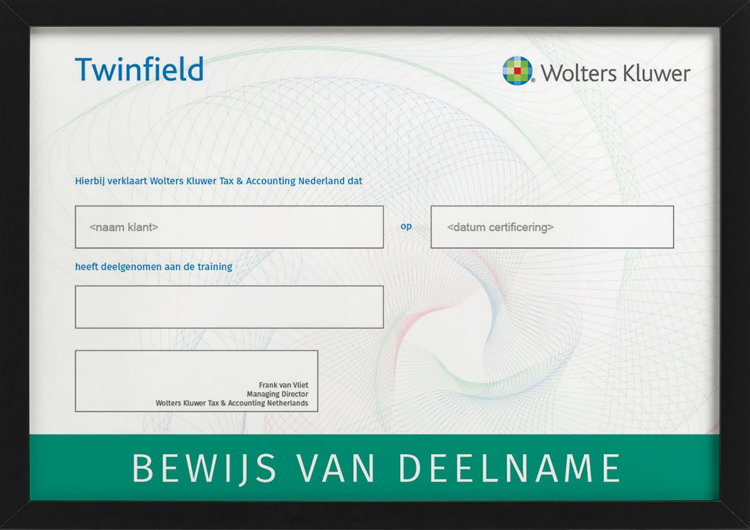 Certificaat met bewijs van online deelname aan training Bankafschriften van Twinfield