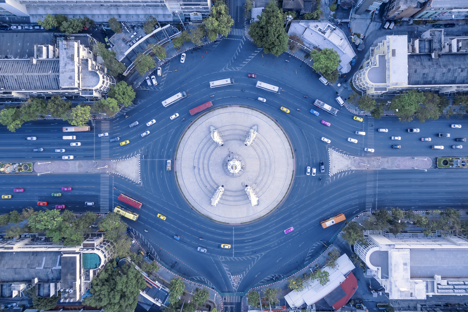 Aerial view street roundabout with car at beautiful at morning, top view , democracy monument, Bangkok, Thailand