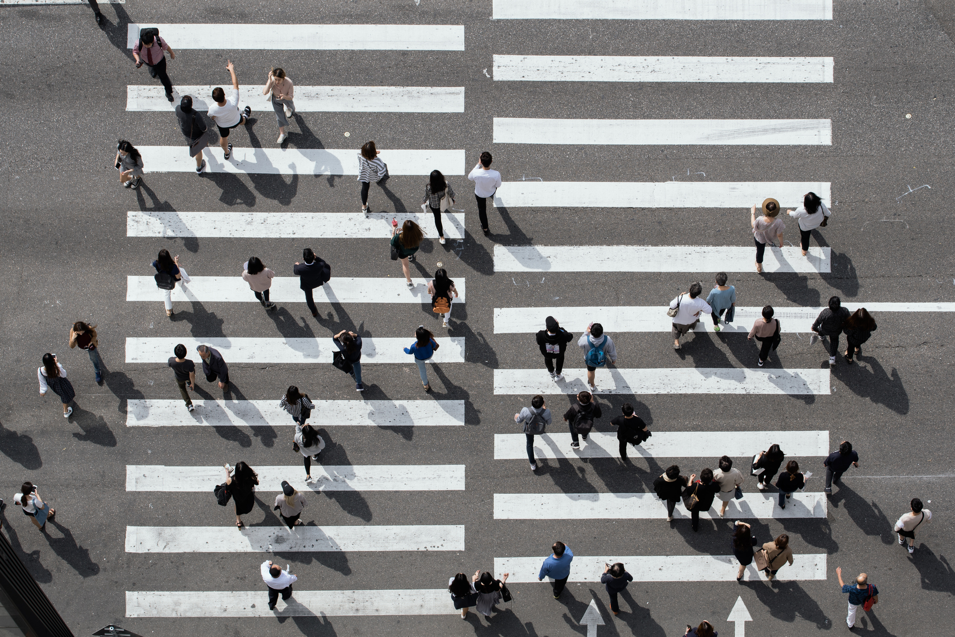 Aerial View of Busy Crosswalk with People, Seoul, Korea,