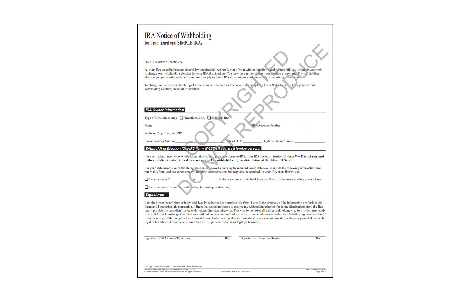 Notice of Withholding for Traditional and SIMPLE IRAs card image