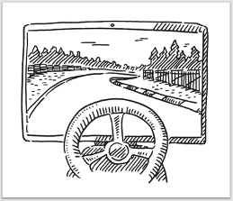 Illustration of driver training sim screen and steering wheel