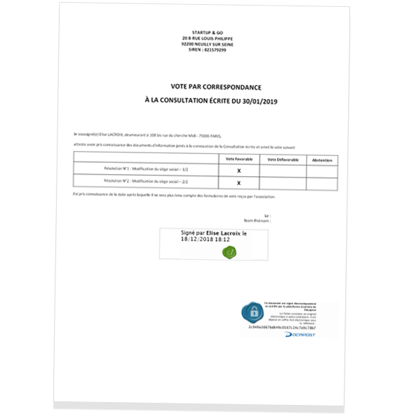 Signature électronique du vote de la consultation écrite