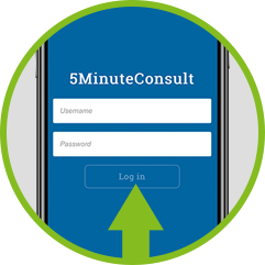 Circle with arrow pointing at 5MinuteConsult app login screen on smartphone