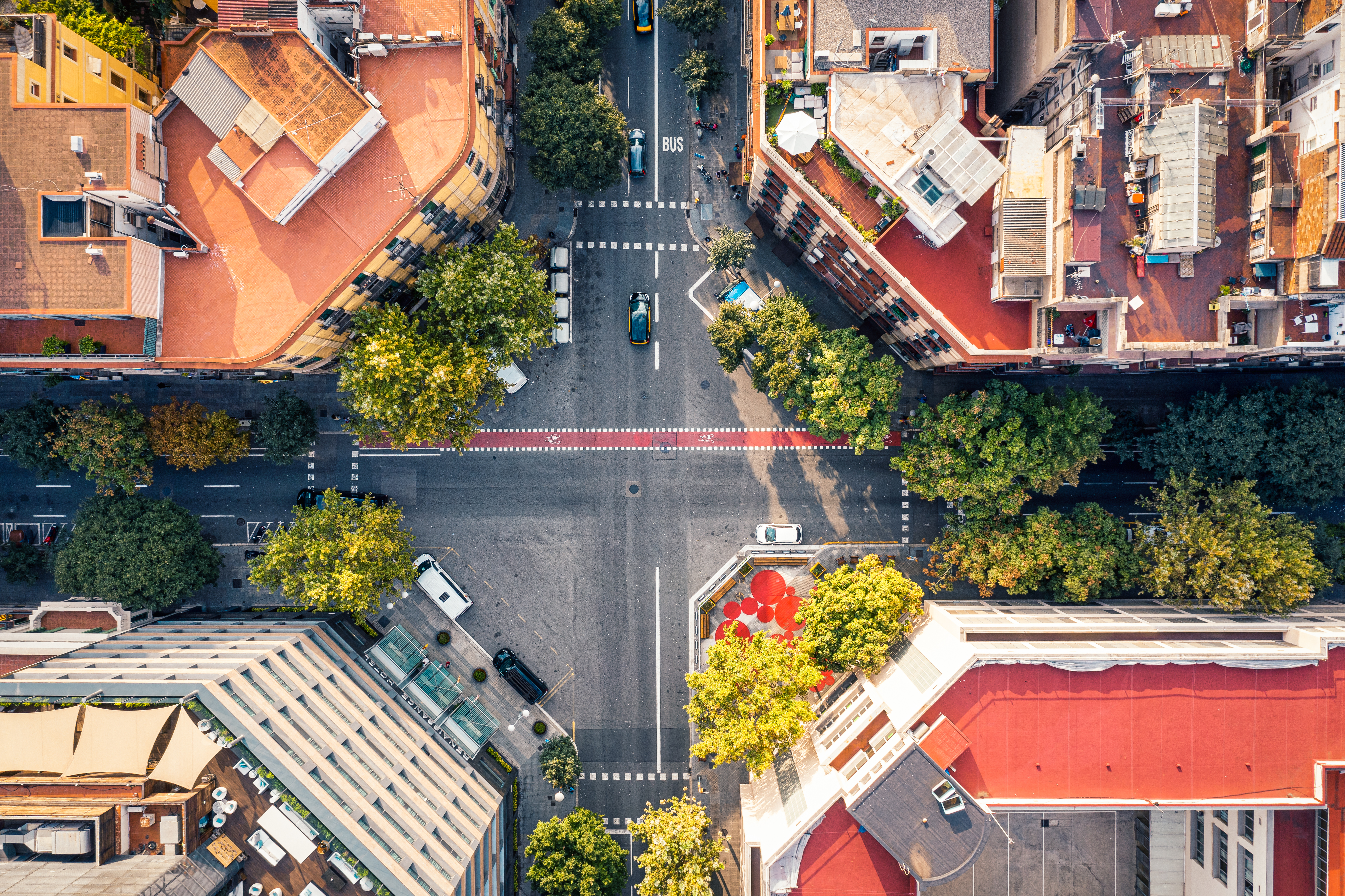 Drone photo of a typical crossroad sector located in Barcelona City, Spain. Photo taken on 28/09/2019