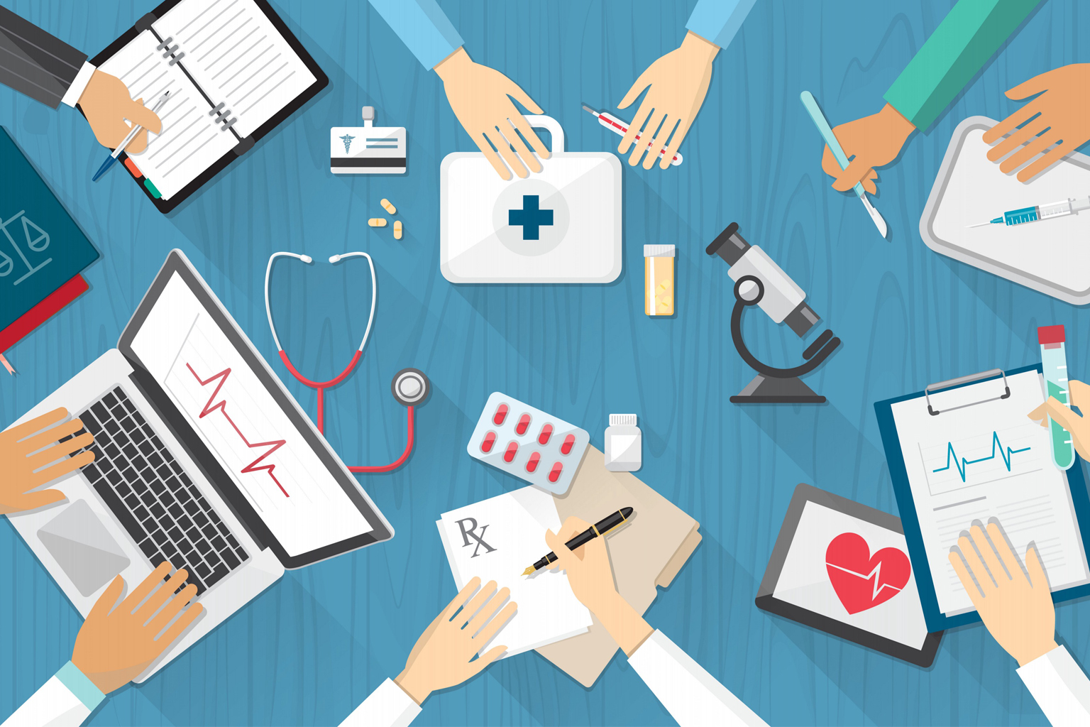 Illustration showing multiple healthcare workers hands working on various tools like laptop, clipboard, etc