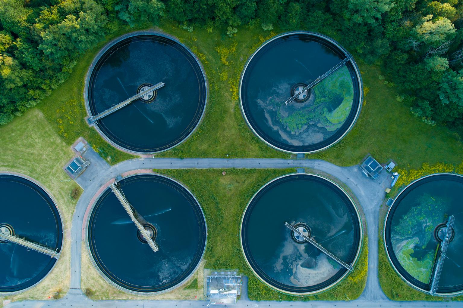 Aerial view of a waste management sewage and water treatment plants. Waste water purification.