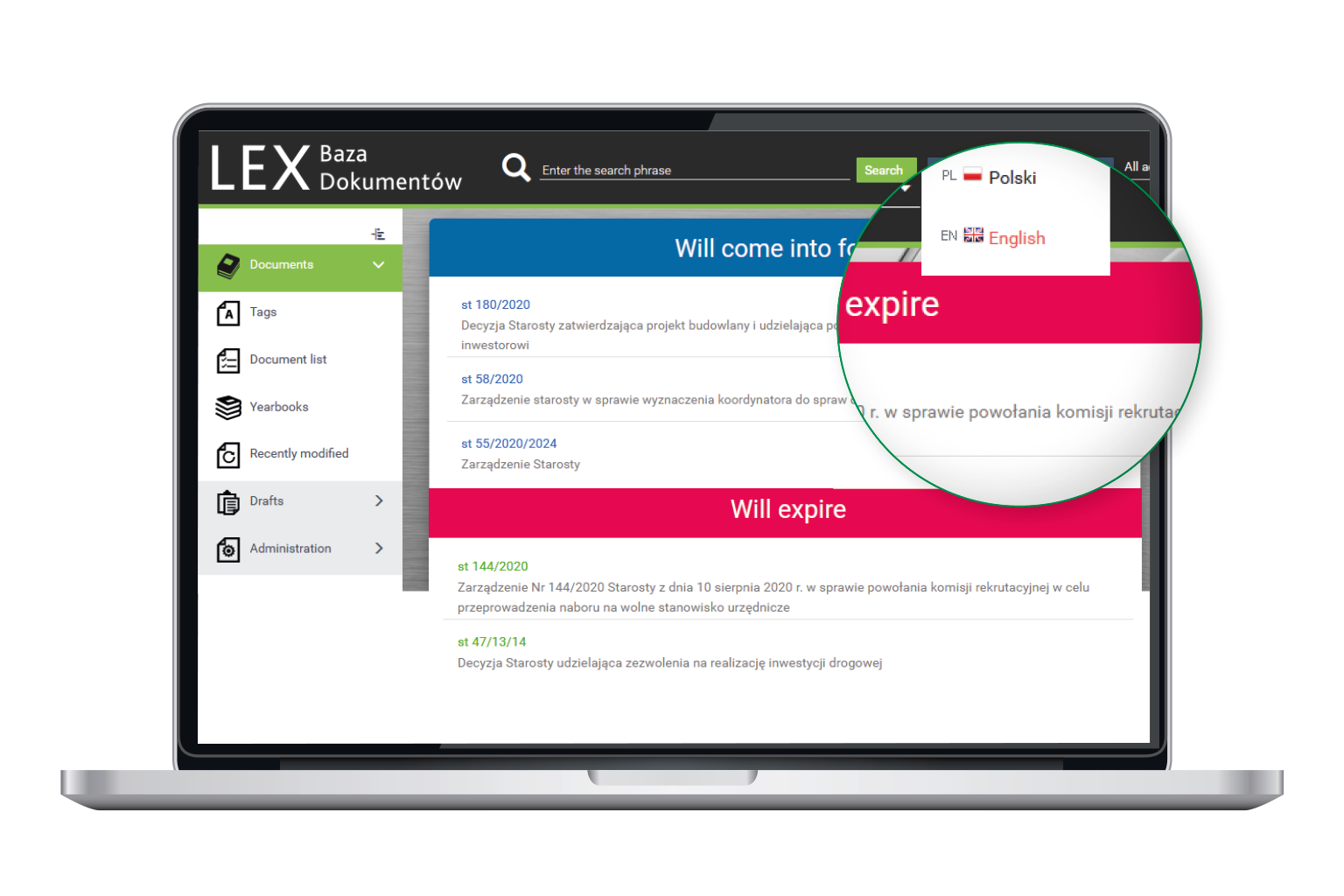 Interfejs LEX Baza Dokumentów w języku angielskim