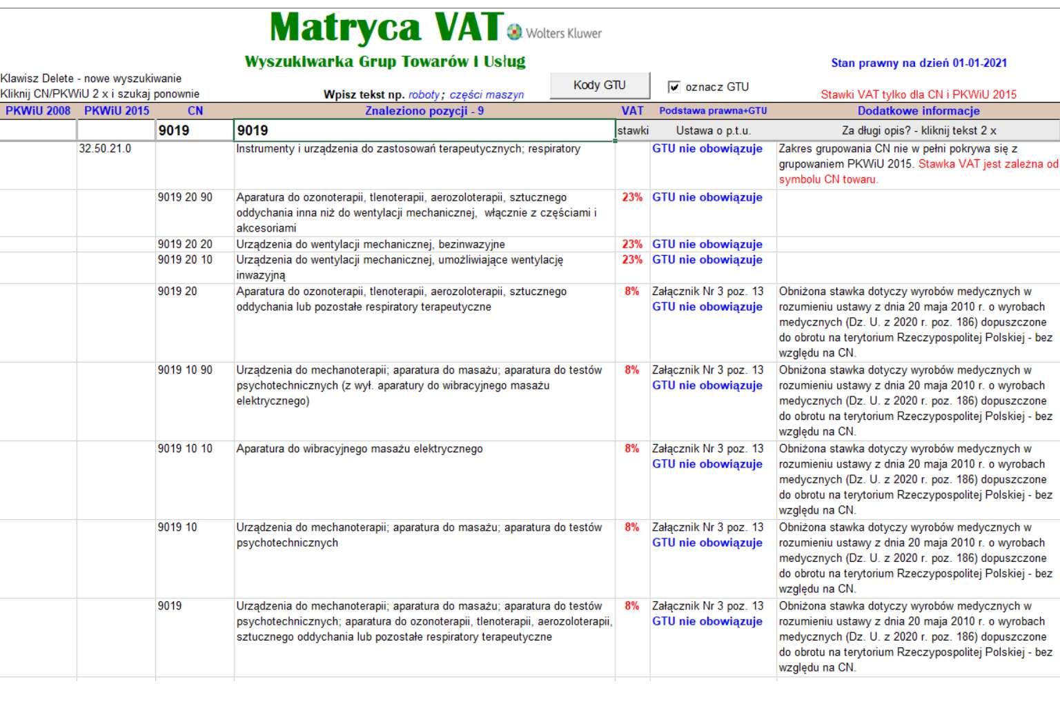 Matryca stawek VAT z kodami GTU - wyszukiwarka
