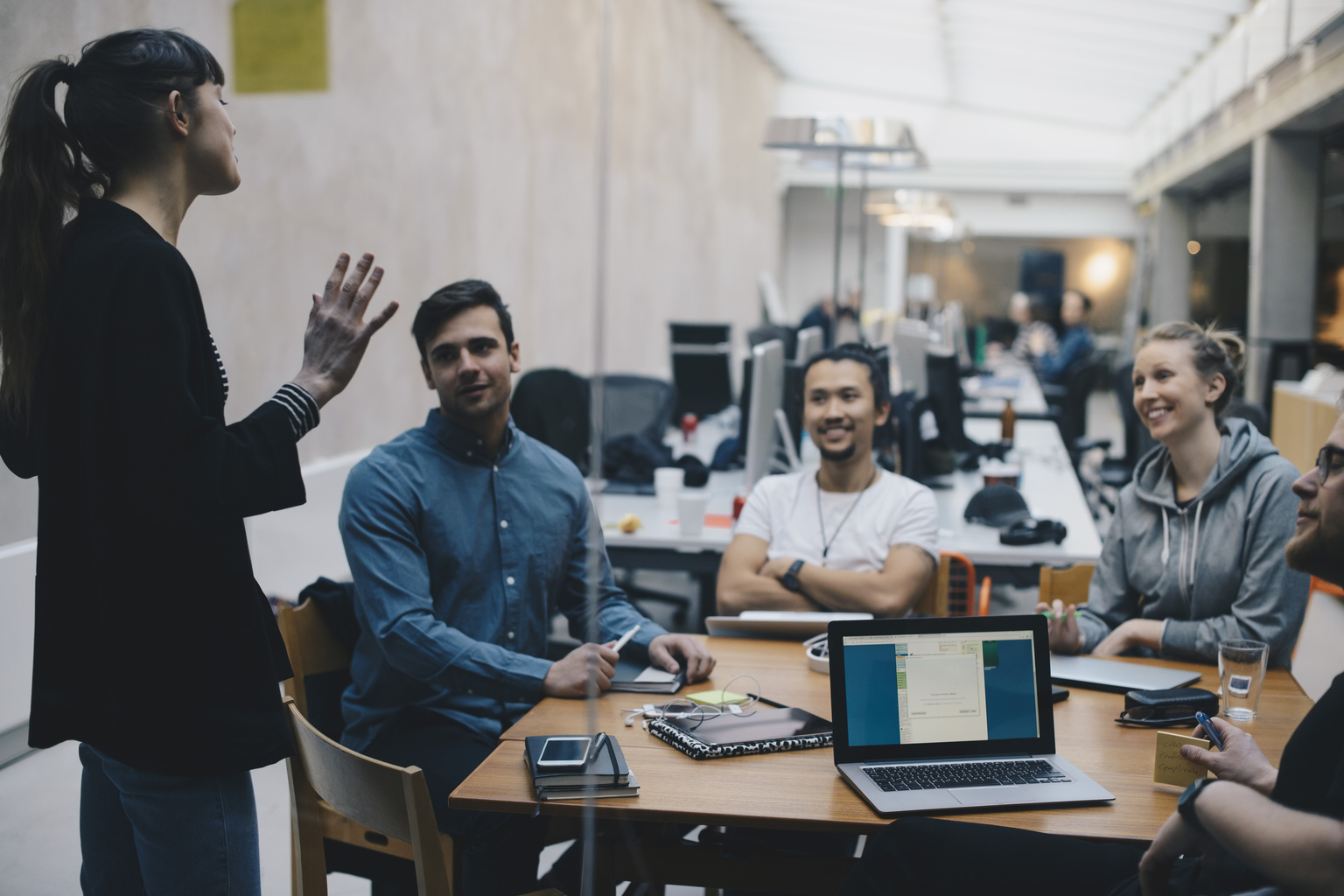 Female computer programmer giving presentation to colleagues in office