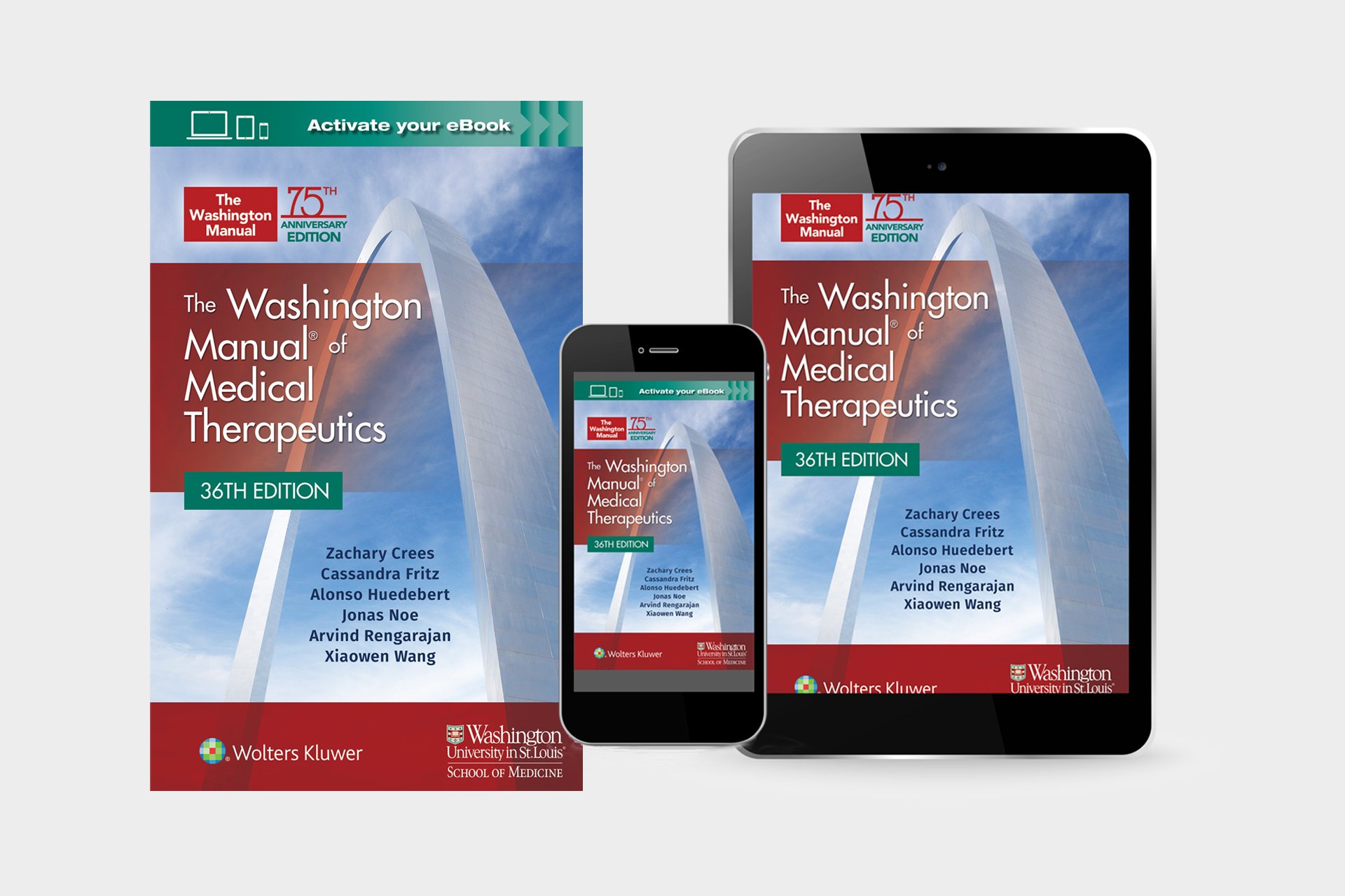 The Washington Manual of Medical Therapeutics book cover shown in print, on mobile, and on tablet