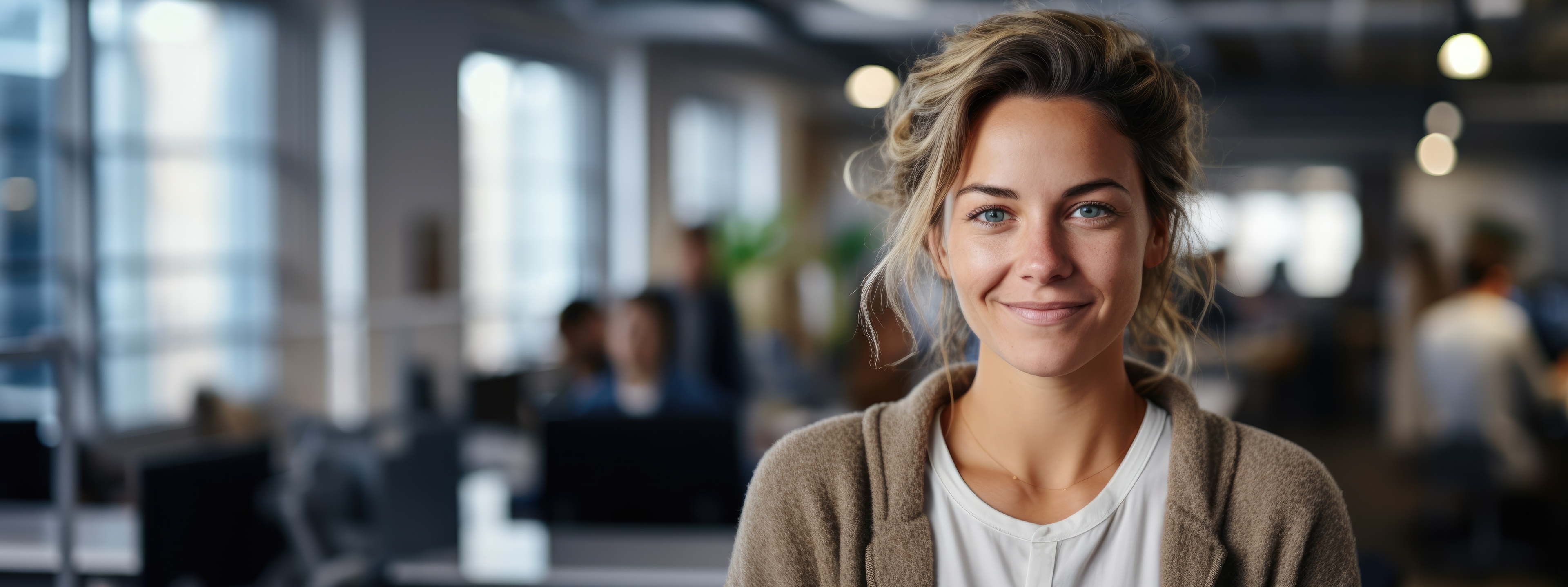 Smiling confident professional woman posing at her business office with her coworkers and employees in the background