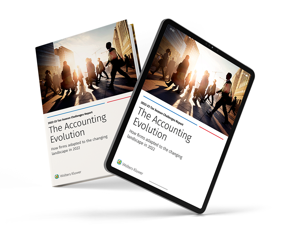 The Accounting Evolution report shown as book cover and on a tablet screen