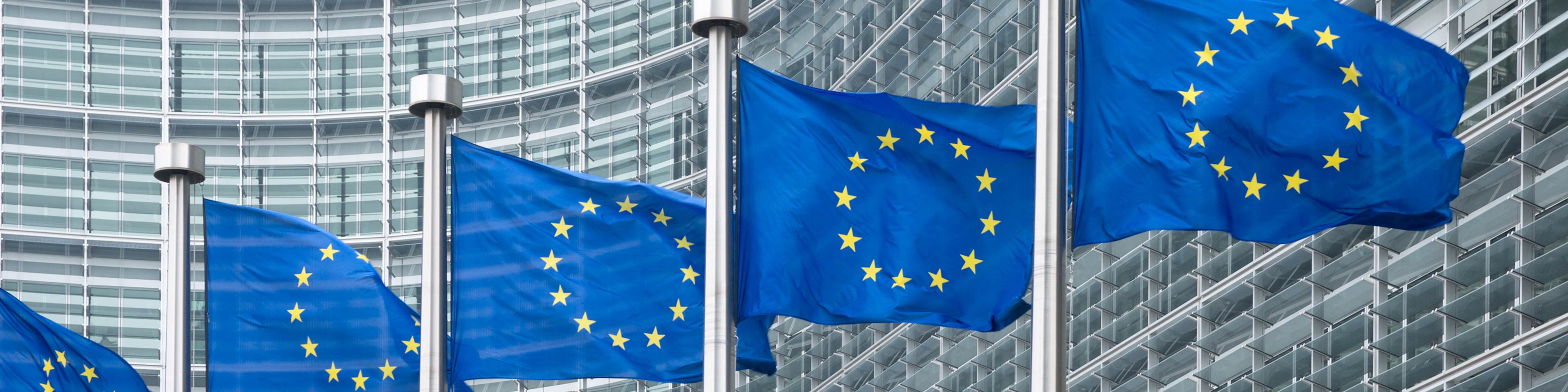 EU flags in front of European Commission in Brussels