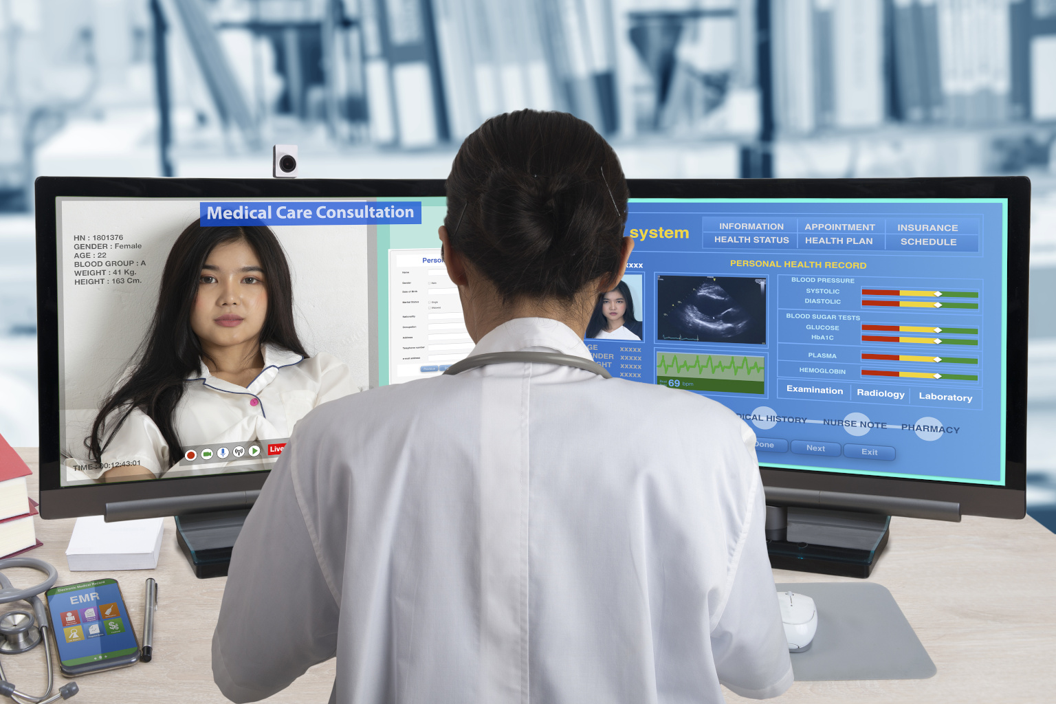 Female doctor working on telehealth consultation while searching her health information from medical record system