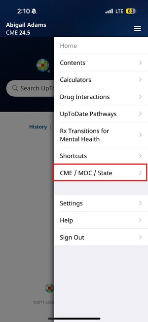 CME MOC on mobile hamburger menu