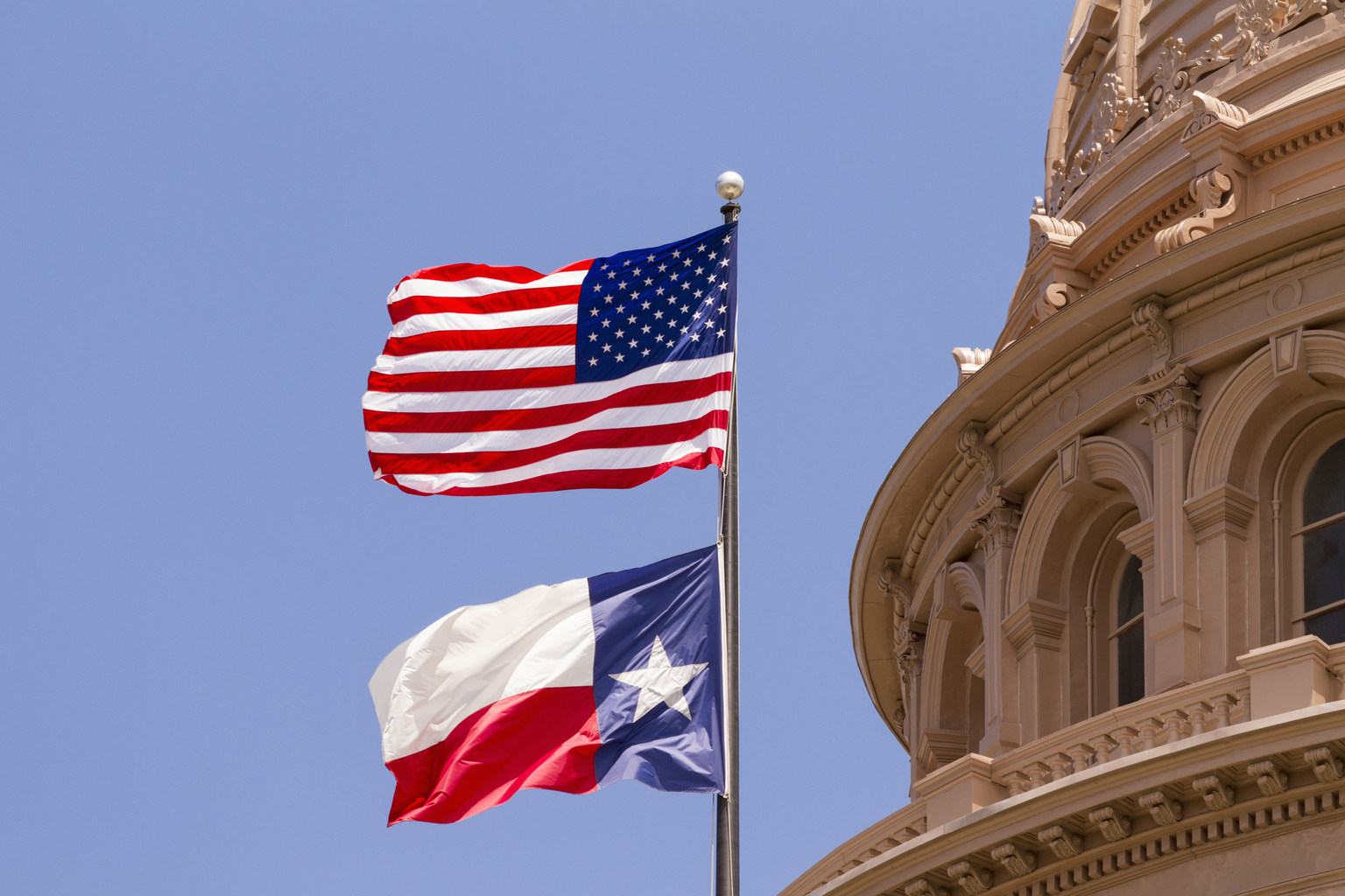 The American flag and the Texas flag next to a historic building, architecture, Q3 2021, TAA NA US - Preparer