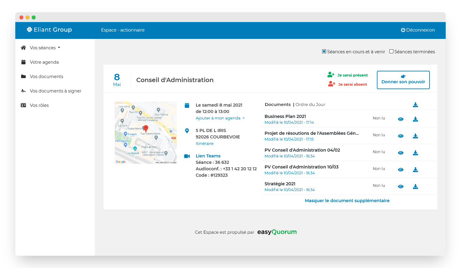 Capture d'écran d’un conseil d’administration dématérialisé easyQuorum