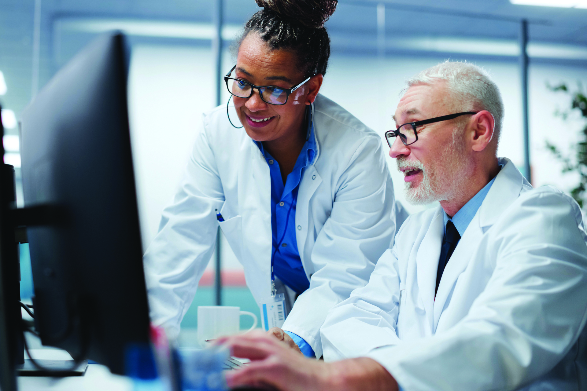 Two medical professionals discussing what they see on
  the PC’s monitor.