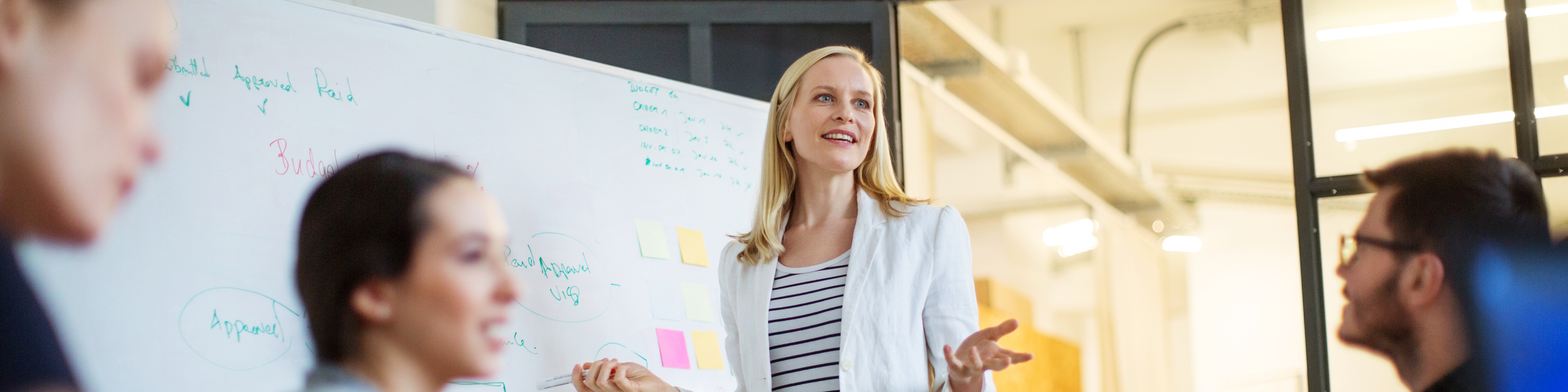 Businesswoman giving presentation on future plans to colleagues