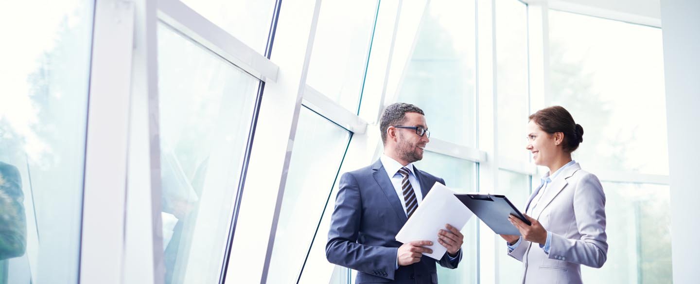 two business people discussing business development reports