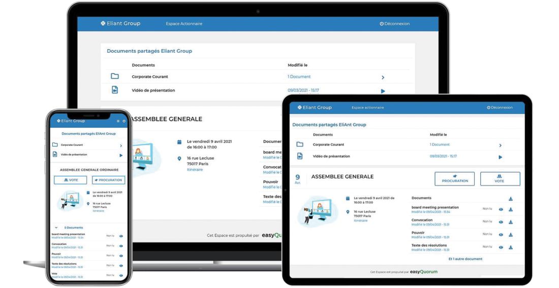 interface de l’espace actionnaire easyQuorum via tablette, ordinateur et smartphone