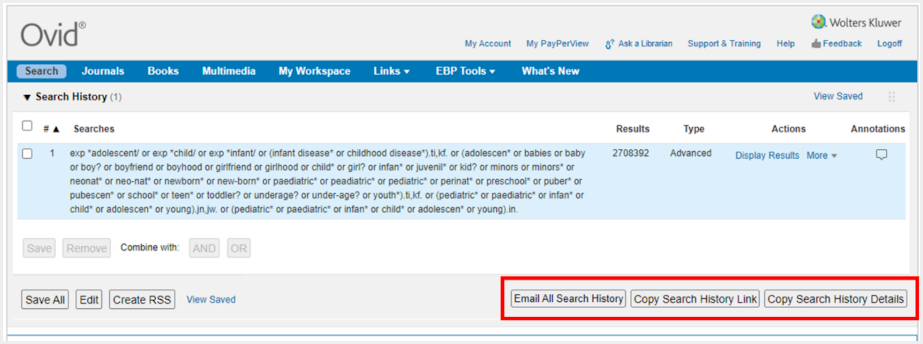 Screenshot of Ovid Search Sharing