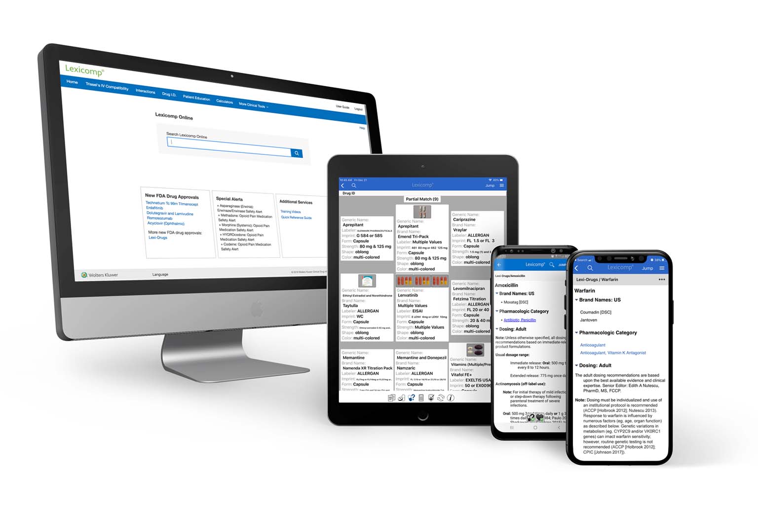 tablet, monitor and smartphones displaying Lexicomp