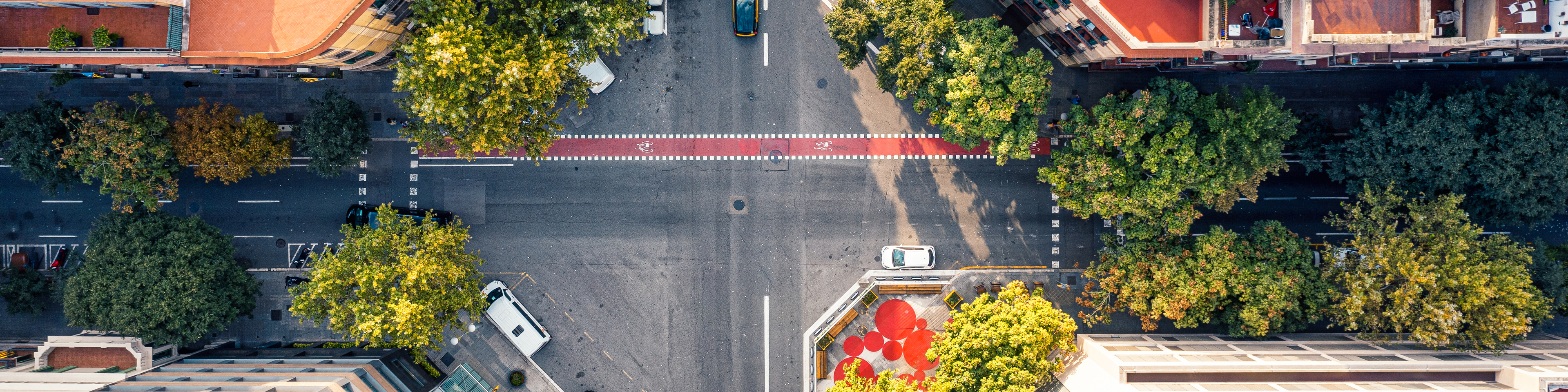 Drone photo of a typical crossroad sector located in Barcelona City, Spain. Photo taken on 28/09/2019