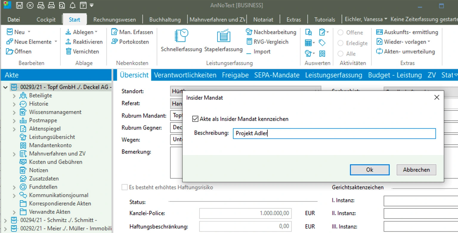 Funktionen zu Insidermandanten in der Kanzleisoftware AnNoText (Screenshot)