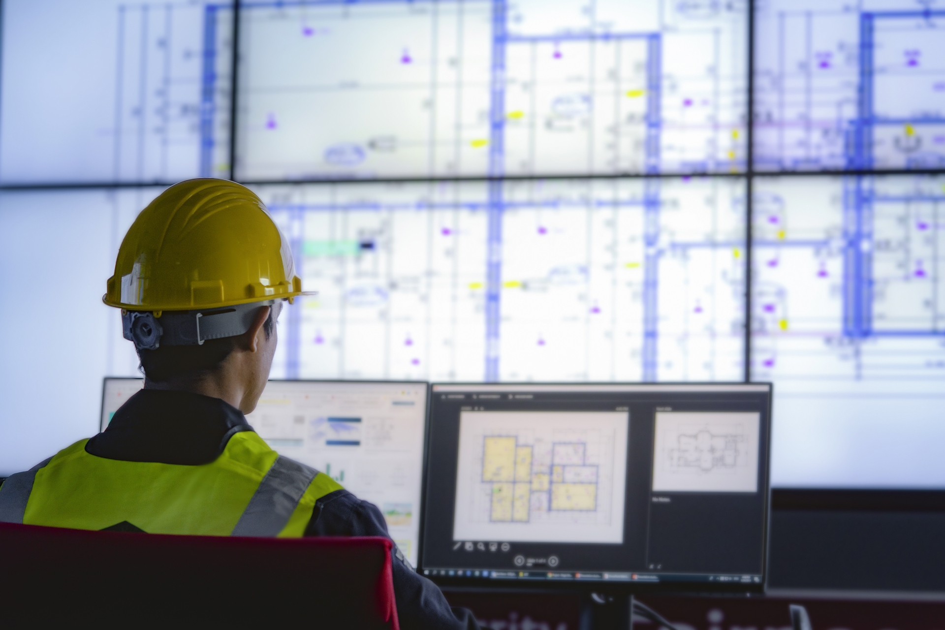 Industrial engineer works in front of monitoring screen in the control centre