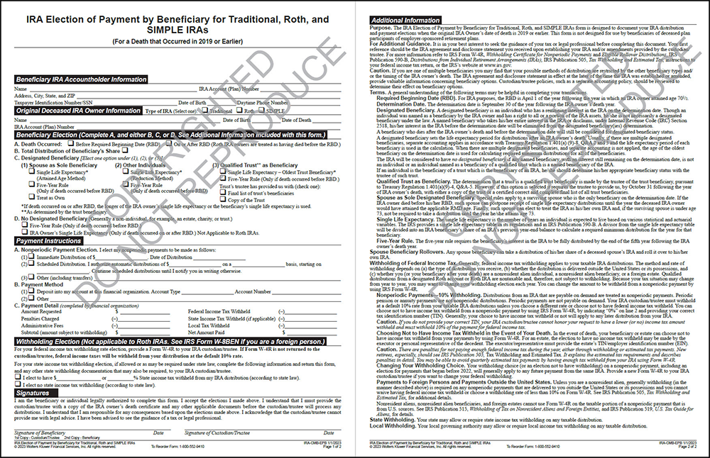 election of payment by beneficiary form sample