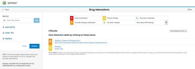 drug interactions screen after search