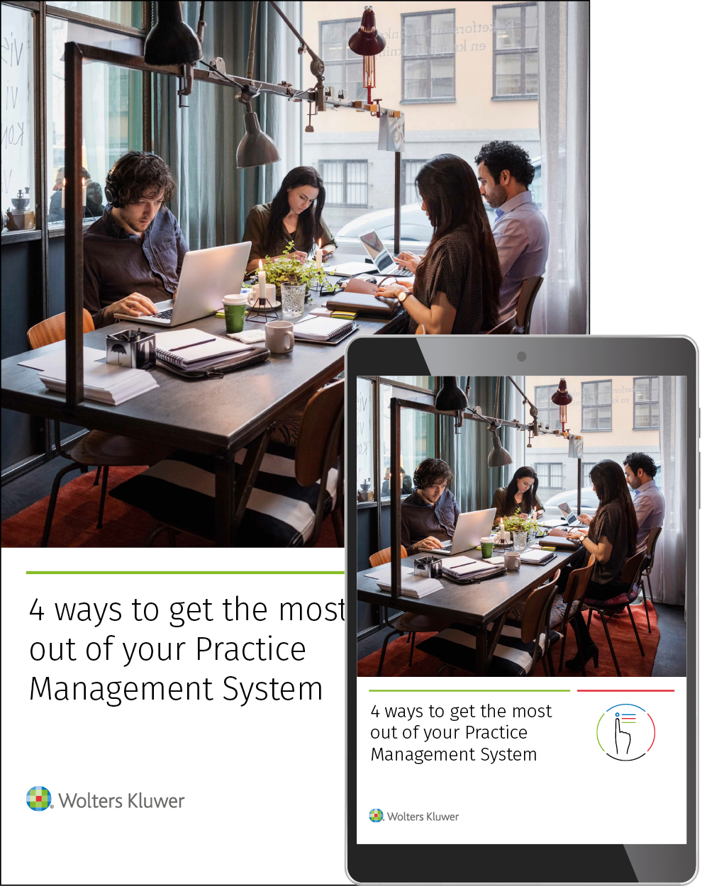 4 ways to get the most out of your practice management system ebook cover, also on tablet screen
